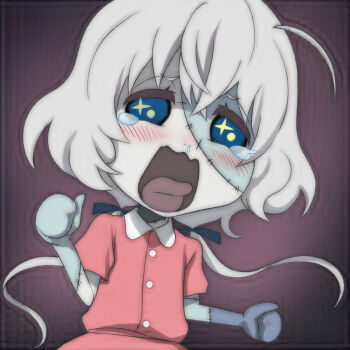  1girl ahoge black_background blue_eyes blue_ribbon blush chibi colored_skin crying dress green_skin grey_hair grey_skin hair_ribbon konno_junko long_hair looking_at_viewer low_twintails open_mouth pink_dress puffy_sleeves ribbon short_sleeves snot sparkling_eyes standing stitches t_jiroo_(ringofriend) tears twintails upper_body zombie zombie_land_saga 