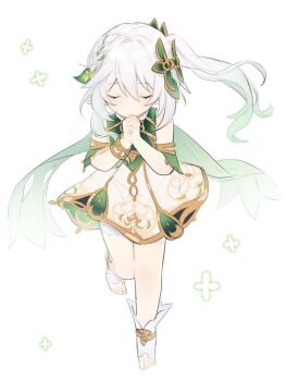  1girl bare_shoulders bloomers boots bracelet braid cape closed_eyes closed_mouth commentary_request detached_sleeves dress floating_cape floating_hair flower full_body genshin_impact gold_bracelet gold_trim gradient_hair green_cape green_hair green_sleeves hair_between_eyes hair_flower hair_ornament hands_up heart heart_hair_ornament highres jewelry kuromame long_hair multicolored_hair nahida_(genshin_impact) open-toe_boots own_hands_together short_sleeves side_ponytail sidelocks simple_background sleeveless sleeveless_dress solo standing standing_on_one_leg toenails underwear white_background white_bloomers white_boots white_dress white_hair  rating:General score:5 user:danbooru