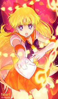  1girl aino_minako artist_name bishoujo_senshi_sailor_moon blonde_hair bow choker gloves hair_bow highres long_hair neck_ribbon open_mouth orange_choker orange_sailor_collar orange_skirt pointing pointing_at_viewer purple_eyes purple_ribbon rasneko red_ribbon ribbon sailor_collar sailor_venus skirt solo thighs twitter_username white_gloves  rating:General score:13 user:danbooru