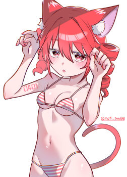  1girl absurdres animal_ear_fluff animal_ears arm_tattoo artist_name bikini breasts cat_ears cat_tail collarbone commentary_request double-parted_bangs drill_hair fingernails hair_between_eyes highres jitome kasane_teto micro_bikini moti_san00 nail_polish navel number_tattoo red_eyes red_hair red_nails small_breasts stomach striped_bikini striped_clothes swimsuit tail tattoo twin_drills twitter_username utau white_background 