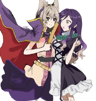  2girls artist_collaboration artist_name beads black_dress blonde_hair breasts cape closed_mouth commentary_request cross-laced_clothes cross-laced_dress dress earmuffs gradient_hair hand_on_another's_waist highres hijiri_byakuren holding jyazo_pic large_breasts layered_dress long_hair multicolored_hair multiple_girls open_mouth pointy_hair prayer_beads puffy_short_sleeves puffy_sleeves purple_cape purple_hair purple_skirt red_cape ritual_baton short_sleeves simple_background skirt sleeveless smile touhou toyosatomimi_no_miko two-sided_cape two-sided_fabric uehara_suiyo very_long_hair white_background white_dress yellow_eyes yuri 