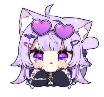  1girl ahoge animal_ear_fluff animal_ears black_jacket blunt_bangs blush cat_ears cat_girl cat_hair_ornament cat_tail chibi chibi_only commentary cropped_torso eyewear_on_head hair_intakes hair_ornament hairclip hands_up heart heart-shaped_eyewear heart_hair_ornament hololive jacket long_hair long_sleeves looking_at_viewer muuran nekomata_okayu open_mouth purple_eyes purple_hair simple_background solo sunglasses symbol-only_commentary tail twitter_username virtual_youtuber white_background 
