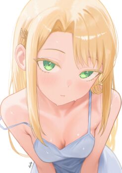  1girl absurdres blonde_hair breasts cleavage close-up closed_mouth commentary diptip dress english_commentary green_eyes highres leaning_forward light_smile long_hair looking_at_viewer medium_breasts original simple_background sleeveless sleeveless_dress solo spaghetti_strap strap_slip very_long_hair white_background white_dress 