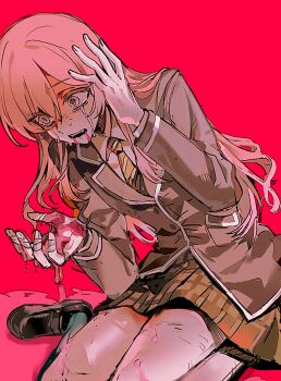  1girl bang_dream! bang_dream!_it's_mygo!!!!! chihaya_anon chinese_commentary commentary_request crying crying_with_eyes_open diagonal-striped_clothes diagonal-striped_necktie fang grey_jacket hand_on_own_head haneoka_school_uniform highres jacket kneehighs loafers long_hair ne2op necktie open_mouth pink_hair school_uniform shirt shoes sitting socks solo striped_clothes tears teeth upper_teeth_only vomit 