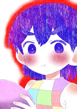  1boy :t ball bare_shoulders blush checkered_clothes checkered_shirt child closed_mouth colored_skin commentary_request double-parted_bangs fingernails hair_behind_ear hair_between_eyes holding holding_ball kel_(headspace)_(omori) kel_(omori) male_focus omori outline pokoponpen portrait purple_eyes purple_hair red_outline shirt short_hair shoulder_blush simple_background sleeveless sleeveless_shirt solo v-shaped_eyebrows white_background white_skin 