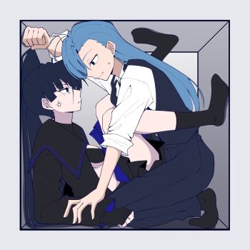  2girls ado_(utaite) anger_vein black_gloves black_socks blue_eyes blue_hair blue_vest breasts closed_mouth commentary_request fingerless_gloves gloves highres long_hair medium_breasts merry_(ado) multiple_girls naima_(ado) nori_(norinori_yrl) open_clothes open_shirt ponytail readymade_(ado) shirt socks stuck_in_a_box thighhighs usseewa vest white_shirt yuri 