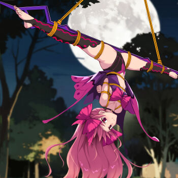  1girl absurdres ahoge barefoot bdsm black_leotard black_thighhighs bondage bound bow commentary_request dead_apostle_noel_(tsukihime) dress dress_bow haimei1980 highres leotard long_hair long_sidelocks looking_at_viewer noel_(tsukihime) open_clothes open_dress pink_bow pink_hair polearm purple_dress red_eyes shibari sidelocks smile solo spear split spread_legs stirrup_legwear thighhighs toeless_legwear tsukihime tsukihime_(remake) two_side_up upside-down vampire wavy_hair weapon 