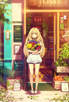  1girl apple banana bare_legs basket black_shorts blonde_hair blouse blurry bottle box can depth_of_field door english_text expressionless female_focus food food_request fruit full_body glass grapes highres holding hug jam jar juice leaf legs_apart long_hair looking_at_viewer mouth_hold open_door orange_(fruit) original outdoors paper plant poster_(object) potted_plant price road see-through_clothes shade shadow shirt shoes short_sleeves shorts solo sparkle standing storefront street tile_floor tiles time vines watermelon white_shirt white_shoes yellow_eyes yohan12  rating:Questionable score:9 user:danbooru