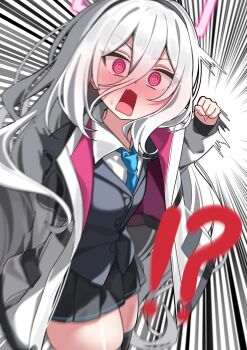  1girl absurdres black_hairband black_skirt black_thighhighs blue_archive blue_necktie blush breasts commentary_request hair_between_eyes hairband halo highres incoming_attack incoming_punch jacket kei_(blue_archive) kei_(new_body)_(blue_archive) korean_commentary long_hair long_hair_between_eyes miniskirt multicolored_jacket necktie nose_blush pink_eyes pink_halo pleated_skirt punching rectangular_halo ringed_eyes rirua_(kjom802) skirt small_breasts solo thighhighs two-tone_jacket very_long_hair white_hair 