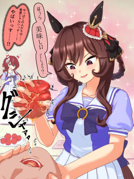  1boy 2girls apple black_ribbon bow bowtie braid braided_hair_rings breasts brown_hair crushing_food ear_covers ear_ornament feather_hair_ornament feathers food forced_drinking frown fruit gentildonna_(umamusume) grabbing_another's_face green_eyes hair_ornament hair_ribbon hair_rings hand_on_another's_cheek hand_on_another's_face head_grab highres holding holding_food holding_fruit honznas long_hair looking_at_another looking_at_viewer medium_breasts multiple_girls open_mouth parted_lips plate pleated_skirt puffy_short_sleeves puffy_sleeves purple_bow purple_bowtie purple_shirt red_hair ribbon school_uniform shirt shirt_tucked_in short_sleeves skirt smile speech_bubble tracen_school_uniform trainer_(umamusume) translated umamusume white_skirt win_variation_(umamusume) 