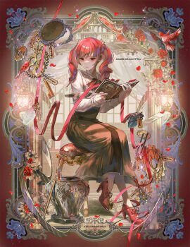  1girl alternate_costume book border brown_skirt closed_mouth commentary_request commission drill_hair flower full_body gears high_heels highres holding holding_book kasane_teto long_hair long_skirt long_sleeves looking_at_viewer on_stool open_book ornate_border pixiv_commission red_eyes red_flower red_hair shirt sitting skirt twin_drills utau white_shirt yuu_(arcadia) 