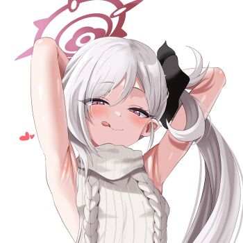 1girl :p absurdres alternate_costume armpit_focus armpits arms_behind_head arms_up black_flower blue_archive breasts closed_mouth commission eomo_(pyum3252) eyelashes flower hair_flower hair_ornament half-closed_eyes halo heart highres long_hair looking_at_viewer mutsuki_(blue_archive) naughty_face pointy_ears red_eyes red_halo side_ponytail simple_background sleeveless sleeveless_sweater small_breasts smile solo sweater tongue tongue_out upper_body virgin_killer_sweater white_background white_hair white_sweater rating:Sensitive score:62 user:danbooru