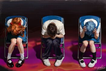  1boy 2girls absurdres artist_name ayanami_rei bilingual_commentary black_shoes blue_hair brown_hair chair commentary depressed english_commentary folding_chair full_body hair_ornament hand_in_own_hair hands_on_own_head highres ikari_shinji interface_headset_(evangelion) long_hair mary_janes meme miniskirt mixed-language_commentary multiple_girls neon_genesis_evangelion on_chair painterly revision rick_parsa school_uniform shinji_in_a_chair_(meme) shirt shoes short_hair short_sleeves signature sitting skirt sneakers socks souryuu_asuka_langley tokyo-3_middle_school_uniform white_shirt white_shoes white_socks 