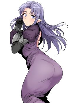  1girl ass blue_eyes blue_hair braid commentary_request dress fate/stay_night fate_(series) gloves highres long_hair long_sleeves looking_at_viewer medea_(caster)_(fate) medea_(fate) pointy_ears side_braid simple_background solo tsurui white_background 