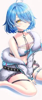  1girl absurdres armpit_crease black_jacket black_nails blue_hair blue_nails blush bra breasts cleavage closed_mouth collarbone commentary_request elf fingernails hair_over_one_eye highres hololive jacket large_breasts long_sleeves looking_at_viewer nail_polish official_alternate_costume ogata_sai pointy_ears short_hair simple_background single_bare_shoulder single_off_shoulder sitting smile solo thigh_strap underwear virtual_youtuber wariza white_background white_bra yellow_eyes yukihana_lamy yukihana_lamy_(cyber) 