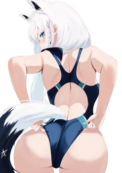  1girl absurdres animal_ears ass back blue_one-piece_swimsuit blush braid competition_school_swimsuit extra_ears fox_ears fox_girl fox_tail green_eyes highres hololive long_hair looking_back median_furrow natsuki_(natsu_1936) one-piece_swimsuit school_swimsuit shirakami_fubuki shoulder_blades simple_background solo swimsuit tail thighs virtual_youtuber white_background white_hair  rating:Sensitive score:39 user:danbooru