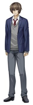  1boy arms_at_sides blazer blue_jacket brown_eyes brown_hair casual full_body game_cg grey_pants grey_sweater grey_vest highres inoino jacket kouyoku_senki_exs-tia large_variant_set long_sleeves looking_at_viewer male_focus necktie non-web_source official_art open_clothes open_jacket pants red_necktie school_uniform shihou_souma shirt shoes solo standing sweater tachi-e transparent_background variant_set vest white_shirt 