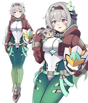  1girl 1other absurdres belt black_ribbon blush bodysuit bracelet brown_hairband brown_jacket closed_mouth commentary english_commentary erushira firefly_(honkai:_star_rail) gradient_hair green_pupils grey_hair hair_between_eyes hair_intakes hair_ornament hair_ribbon hairband helmet highres holding holding_unworn_helmet honkai:_star_rail honkai_(series) jacket jewelry long_hair multicolored_bodysuit multicolored_hair official_alternate_costume open_mouth ribbon sam_(honkai:_star_rail) smile unworn_headwear unworn_helmet 