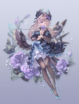  1girl absurdres ahoge artist_name blonde_hair blue_hair bodystocking breasts dot_nose dress dzrzpuna2tcxcu3 enna_alouette fishnet_bodystocking fishnets flower frilled_dress frills full_body gradient_background hair_flower hair_ornament head_wings highres holding holding_flower long_hair looking_at_viewer low_wings medium_breasts multicolored_hair nijisanji nijisanji_en off-shoulder_dress off_shoulder one_eye_closed purple_eyes purple_flower purple_rose rose solo sparkle streaked_hair twitter_username variant_set virtual_youtuber wings 