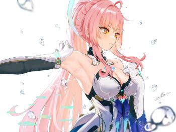  1girl absurdres aemeath_(wuthering_waves) ahoge armpits bare_shoulders breasts cleavage closed_mouth commentary elbow_gloves from_side glitch gloves highres long_hair looking_ahead medium_breasts mole mole_on_shoulder orange_eyes pink_hair ponytail signature solo star-shaped_pupils star_(symbol) sweat symbol-shaped_pupils upper_body utim white_gloves wuthering_waves 