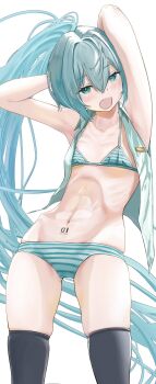  1girl arms_behind_head blue_eyes bra commentary_request hatsune_miku highres hxk4_n light_blush long_hair navel number_tattoo over-kneehighs panties ribs standing striped_bra striped_clothes striped_panties tattoo thighhighs underwear vocaloid white_background 