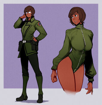  1girl 2023 absurdres battletech blair_parker_(wibber_rose) blue_eyes boots brown_hair commission dark-skinned_female dark_skin freckles gaiters hair_ornament hairclip highres izra leotard reference_sheet simple_background solo tagme unit_patch wibber_rose  rating:General score:19 user:Cravitus