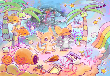  animal_focus candy cat coconut commentary_request cross d-pad fish food highres lollipop mewo no_humans omori original palm_tree rainbow star_(sky) sun_iiinu swirl_lollipop tree 