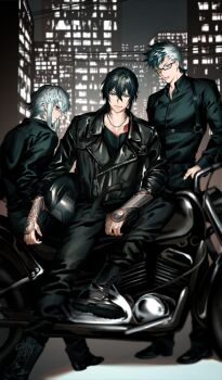  3boys arm_tattoo artist_request asclepius_(fate) black_boots black_hair black_pants black_shirt black_theme blue_eyes boots building chaldea_boys_collection chest_harness city_lights closed_mouth commentary_request fate/grand_order fate_(series) game_cg glasses hair_between_eyes harness helmet jacket leather leather_jacket long_hair long_sleeves looking_at_viewer male_focus motor_vehicle motorcycle motorcycle_helmet multicolored_hair multiple_boys my_kind_of_abduction night official_art on_motorcycle outdoors pants partial_commentary shirt short_hair sidelocks sigurd_(fate) sitting skyscraper smile standing tattoo tattoo_sleeve third-party_source two-tone_hair unworn_headwear unworn_helmet white_hair yan_qing_(fate) yin_yang yin_yang_tattoo 