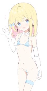 1girl bandaid bandaid_on_pussy bikini blonde_hair blue_bow blue_eyes bow cross cross_earrings detached_collar dot_nose earrings elbow_gloves female_focus flat_chest gloves groin hair_bow hair_ornament hand_up highres jewelry legs_together loli looking_at_viewer maebari navel open_mouth original piercing ribbon short_hair simple_background skinny smile solo standing swimsuit thigh_gap thigh_strap urotsuki_(ku9625) white_gloves wing_collar  rating:Sensitive score:72 user:danbooru