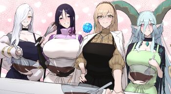  4girls apron aqua_hair blonde_hair blush breasts brown_eyes cleavage commentary_request curled_horns demeter_(fate) dress eyeliner fate/grand_order fate_(series) glasses grey_dress greyscale hair_over_one_eye hebi_nyoubou_(fate) highres horns large_breasts long_hair long_horns long_sleeves looking_at_viewer makeup minamoto_no_raikou_(fate) monochrome mrs._snake_(second_ascension)_(fate) multiple_girls orb parted_bangs pink_eyes pointy_ears purple_eyes purple_hair shiroshisu smile symbol-shaped_pupils tiamat_(fate) very_long_hair yellow_eyes 