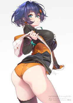  1girl ass belle_(zenless_zone_zero) black_shirt blue_hair breasts earrings fingerless_gloves gloves green_eyes hair_between_eyes hair_ornament hong_(white_spider) jewelry large_breasts letter_hair_ornament looking_at_viewer looking_back necklace no_pants orange_gloves orange_panties panties parted_lips shirt short_hair simple_background single_fingerless_glove single_thighhigh sleeveless sleeveless_jacket solo thighhighs underwear white_background zenless_zone_zero 