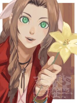 1girl 5tatsu aerith_gainsborough artist_name bangle border bracelet braid braided_ponytail brown_hair choker commentary_request dress final_fantasy final_fantasy_vii final_fantasy_vii_remake flower flower_choker green_eyes hair_ribbon highres holding holding_flower jacket jewelry lily_(flower) long_hair looking_at_viewer parted_bangs parted_lips pink_dress pink_ribbon red_jacket ribbon sidelocks single_braid smile solo upper_body white_border yellow_flower 