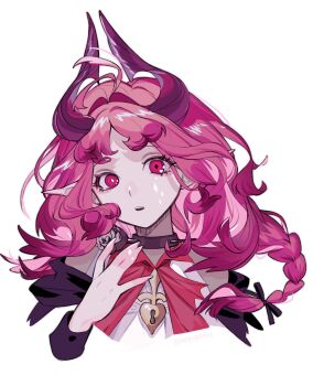  1girl arknights braid choker commentary_request cropped_shoulders hand_up heart highres horns lock long_hair looking_at_viewer matsuba_(mtbsbr721) mismatched_pupils nymph_(arknights) open_mouth pink_eyes pink_hair pointy_ears simple_background solo upper_body white_background 