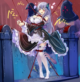  1girl 3boys apron bdsm behind_another black_dress black_ribbon blush bondage bound breasts bug butterfly butterfly_hair_ornament cleavage colored_eyelashes commentary_request detached_sleeves dress echidna_(re:zero) frilled_sleeves frills grabbing_from_behind green_butterfly hair_between_eyes hair_ornament hetero highres imminent_breast_grab insect large_breasts long_hair long_sleeves maid monikano multiple_boys official_alternate_costume open_mouth predicament_bondage pussy_juice re:zero_kara_hajimeru_isekai_seikatsu restrained ribbon ribbon-trimmed_clothes ribbon_trim rope_walking roswaal_mansion_maid_uniform saliva sex_machine sex_toy smile sweat thighhighs underbust waist_apron white_hair 