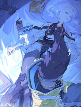  1boy 1girl artificial_eye colored_sclera couple cyberpunk:_edgerunners cyberpunk_(series) david_martinez highres jacket l1m3candy lucy_(cyberpunk) mechanical_eyes mohawk monowire red_sclera sleeping undercut yellow_jacket 