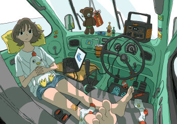  1girl absurdres alleyropolis bandaid bandaid_on_knee bandaid_on_leg barefoot blue_shorts brown_hair cable car_interior charging_device closed_mouth computer highres holding holding_stuffed_toy interlocked_fingers laptop looking_at_viewer one_side_up original own_hands_together pillow portable_power_station reclining shirt short_hair short_shorts short_sleeves shorts socks sticker stuffed_animal stuffed_chicken stuffed_toy t-shirt teddy_bear unworn_socks white_shirt  rating:General score:3 user:danbooru