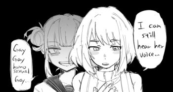  2girls absurdres bags_under_eyes behind_another black_background blunt_bangs blush_stickers boku_no_hero_academia chinese_commentary collared_sweater commentary double_bun english_text fangs gay_gay_homosexual_gay_(meme) greyscale grin hair_bun hand_on_own_chest highres medium_hair meme messy_hair monochrome multiple_girls ogayhellotoo portrait ribbed_sweater sailor_collar school_uniform serafuku sidelocks sketch sleeveless sleeveless_sweater smile speech_bubble sweater toga_himiko uraraka_ochako 