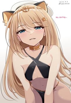  1girl all_fours alternate_costume anchor_symbol animal_ears bikini black_bikini blonde_hair blue_eyes cat_ears commentary_request dated hat highres jervis_(kancolle) kantai_collection long_hair parted_lips pelvic_curtain pretzel_bikini sailor_hat simple_background solo swimsuit toms twitter_username white_background white_hat 
