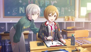  2girls :d black_jacket blurry blurry_background bokeh brown_eyes brown_hair calligraphy_brush chair closed_mouth collared_shirt colorful_palette depth_of_field desk game_cg green_eyes green_sweater grey_hair grey_pants grey_vest happy_new_year highres hinomori_shiho holding holding_calligraphy_brush holding_paintbrush initial jacket kawaranu_atatakasa_no_tonari_de_(project_sekai) leo/need_meiko meiko_(vocaloid) multiple_girls necktie new_year official_art open_mouth paintbrush pants phenny_(project_sekai) pin project_sekai red_necktie shirt sitting smile sweater third-party_source tongue translation_request vest vocaloid white_shirt 
