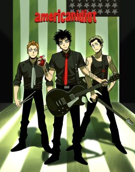  &gt;:( 3boys album_name american_flag american_idiot aqua_eyes baoul101552 bass_guitar belt billie_joe_armstrong black_belt black_hair black_pants black_shirt black_shoes black_tank_top blonde_hair blue_eyes bomb brown_hair closed_mouth collared_shirt drumsticks electric_guitar explosive expressionless full_body furrowed_brow green_day grey_necktie guitar hand_in_pocket head_tilt highres holding holding_bomb holding_drumsticks holding_guitar holding_instrument instrument korean_commentary looking_at_viewer male_focus messy_hair mike_dirnt multiple_boys necktie open_collar pants real_life red_necktie sanpaku shirt shoes short_hair short_sleeves shoulder_tattoo sleeve_cuffs song_name standing studded_belt tank_top tareme tattoo three-quarter_sleeves tre_cool v-shaped_eyebrows very_short_hair wide-eyed wing_collar 