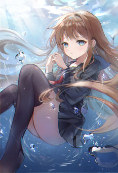  1girl absurdres air_bubble aqua_eyes ass black_serafuku black_shirt black_skirt black_thighhighs brown_hair bubble caustics closed_mouth commentary dot_nose feet_out_of_frame floating_hair from_side frown furrowed_brow hands_up highres knees_up long_hair long_sidelocks long_sleeves looking_at_viewer mrr_05 neckerchief original own_hands_together pleated_skirt raised_inner_eyebrows red_neckerchief sailor_collar school_uniform serafuku shirt sidelocks single_sidelock skirt solo tearing_up thighhighs thighs underwater untranslatable_commentary very_long_hair water zettai_ryouiki 