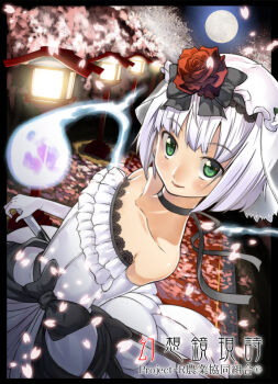 1girl alternate_costume bare_shoulders bow cherry_blossoms dress elbow_gloves female_focus flower full_moon gloves green_eyes hair_flower hair_ornament katana konpaku_youmu konpaku_youmu_(ghost) lantern lipstick looking_at_viewer makeup moon petals sheath sheathed short_hair silver_hair smile solo sword touhou weapon wedding_dress yuuzii zun's_wedding