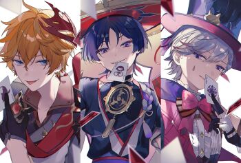  3boys ahoge belt between_fingers black_corset black_gloves black_headwear black_shirt black_vest blue_eyes blunt_ends bow bowtie brown_bow brown_bowtie brown_shirt buttons cape card card_in_mouth cat_hat_ornament collarbone collared_shirt corset covered_collarbone crystal_earrings detached_sleeves diamond_button earrings eyeshadow facial_mark frills gem genshin_impact gloves gold_trim gradient_background grey_hair grey_jacket hair_between_eyes hand_up hat hat_ornament hat_ribbon highres holding holding_card jacket jewelry jingasa long_sleeves looking_at_viewer lyney_(genshin_impact) makeup male_focus mandarin_collar mask mask_on_head mitsudomoe_(shape) mouth_hold multicolored_background multicolored_hair multiple_boys necklace open_clothes open_vest orange_hair parted_bangs pink_bow pink_bowtie pink_cape playing_card puffy_detached_sleeves puffy_long_sleeves puffy_sleeves purple_background purple_belt purple_cape purple_eyes purple_hair purple_ribbon red_eyeshadow red_gem red_hair red_headwear red_mask ribbon scaramouche_(genshin_impact) shirt short_hair short_sleeves simple_background single_earring sleeveless sleeveless_shirt smile smug standing streaked_hair striped_bow striped_bowtie striped_clothes striped_ribbon syerii tartaglia_(genshin_impact) teardrop_facial_mark tomoe_(symbol) tongue tongue_out top_hat two-tone_gloves v-shaped_eyebrows vest white_background white_gloves wing_collar yellow_background  rating:General score:3 user:danbooru