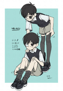  2boys adjusting_clothes adjusting_legwear alternate_universe antenna_hair aqua_background bare_arms bare_legs black_eyes black_hair black_shoes black_socks black_sweater_vest black_thighhighs border bright_pupils brown_shorts closed_mouth collared_shirt colored_shoe_soles commentary_request cosplay double-parted_bangs dual_persona empty_eyes expressionless eyepatch full_body hair_behind_ear hair_between_eyes highres kneehighs knees_up leaning_forward looking_at_another looking_down male_focus medical_eyepatch multiple_boys no_pupils no_sclera omori omori_(omori) one_eye_covered outside_border shirt shoes short_hair short_sleeves shorts sitting socks standing sunny_(omori) sunny_(omori)_(cosplay) sweater_vest thighhighs toastytoast translation_request very_short_hair white_border white_pupils white_shirt 