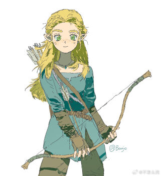  1girl arrow_(projectile) blonde_hair bo_oj0916 bow_(weapon) cowboy_shot fingerless_gloves gloves green_eyes holding holding_weapon jewelry looking_at_viewer necklace nintendo princess_zelda simple_background smile solo the_legend_of_zelda tunic watermark weapon weibo_username weibo_watermark white_background 