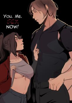  1boy 1girl beard beard_stubble claire_redfield commentary english_commentary facial_hair flirting holy_meh imminent_penetration leon_s._kennedy looking_at_another ponytail resident_evil resident_evil_requiem stubble tall_male 