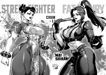 1girl 2girls artist_logo black_gloves black_jacket black_jumpsuit black_pants bracelet breast_zipper breasts brown_eyes brown_hair capcom china_dress chinese_clothes chun-li cleavage crop_top cropped_jacket dress ericmartindood fatal_fury fatal_fury:_city_of_the_wolves folded_fan folding_fan gloves hand_fan high_ponytail highres holding holding_fan jacket jewelry jumpsuit large_breasts leather leather_pants logo long_hair motoyui multiple_girls navel pants partially_unzipped ponytail print_jacket revealing_clothes rivalry shiranui_mai short_hair simple_background smile snk street_fighter street_fighter_6 the_king_of_fighters thighs white_background 