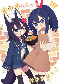  2girls :d @_@ animal animal_ear_fluff animal_ears beret black_hair black_sailor_collar black_thighhighs blue_bow blue_eyes blue_hair blue_jacket blue_shorts blush bow bowl brooch brown_dress brown_shirt commentary_request dress fang flower fox fox_ears fox_girl fox_tail hair_between_eyes hair_flower hair_ornament hair_ribbon hat hibiscus highres jacket jewelry long_hair long_sleeves multiple_girls open_clothes open_jacket open_mouth original ponytail red_flower red_ribbon ribbon sailor_collar saisoku_no_yukkuri shirt shorts sleeveless sleeveless_dress sleeves_past_wrists smile striped_bow sweat tail thighhighs translation_request undersized_animal v-shaped_eyebrows white_hat white_shirt 