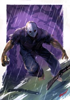  1boy artist_name bare_tree barefoot blue_pants blue_shirt collared_shirt dutch_angle full_body gun hashtag-only_commentary highres hockey_mask holding holding_rock leaning_forward male_focus mask naratani outdoors pants purple_sky rain rick_(splatterhouse) rock running shirt short_sleeves shotgun signature sky solo splatterhouse standing torn_clothes torn_shirt tree weapon wetland 