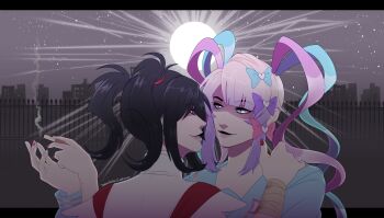  2girls absurdres ame-chan_(needy_girl_overdose) bandaged_arm bandages black_eyes black_hair blue_eyes blue_hair blue_sailor_collar blunt_bangs chouzetsusaikawa_tenshi-chan cigarette commentary english_commentary fence hand_on_another's_shoulder highres holding holding_cigarette letterboxed looking_at_another moon_behind_head multiple_girls needy_girl_overdose night outside_border partially_shaded_face pink_hair quad_tails sailor_collar selfcest skyline smoke smoke_trail suspenders tempusumbra twintails winged_sleeves 